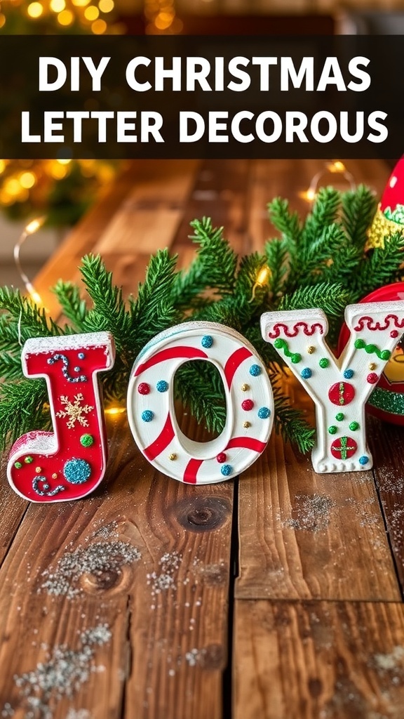 Colorful DIY Christmas letters decorated with glitter and sequins, displayed with pine branches and lights.